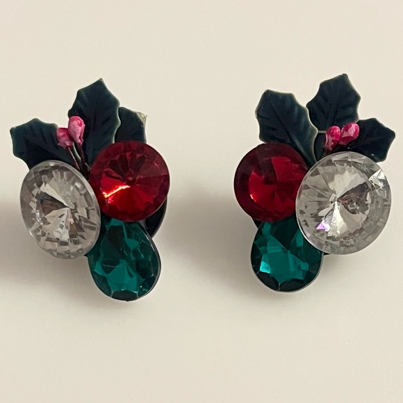 Vintage Christmas Holly Leaf Rhinestone Holiday Earrings - Picture 11 of 11